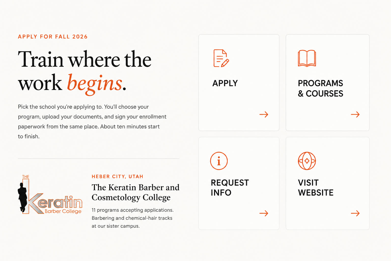 Keratin Barber College branded enrollment page with apply, programs, info, and website links
